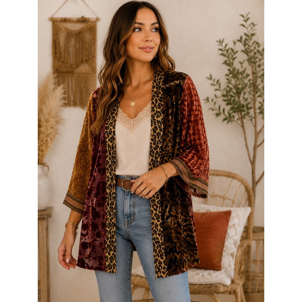 John Mark M Velvet Burnout Kimono Boho Animal Print Duster Jacket Artsy